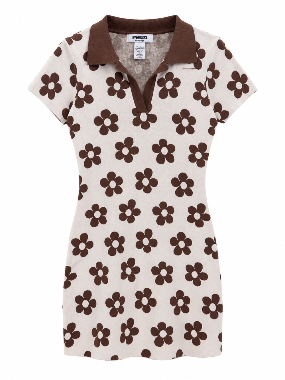 RSQ Cream & Brown Daisy Knit Polo Mini Dress Size XL Retro 70s Y2K